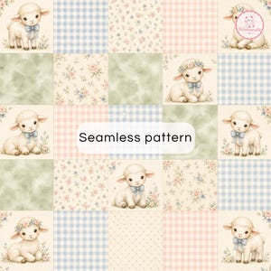 Pode incluir: Um padrão sem costuras com ilustrações de cordeiros com laços azuis, estampados florais, xadrez vichy azul e texturas verdes suaves. O design inclui o texto Seamless pattern e um logótipo com o texto Printsocutie no canto superior direito.