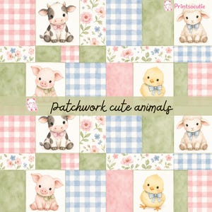 Pode incluir: Um padrão de patchwork digital com ilustrações em aguarela de uma vaca, ovelha, porco e pintainho, intercalados com quadrados de xadrez rosa e azul, motivos florais e blocos verdes sólidos. O texto "patchwork cute animals" está centralizado.