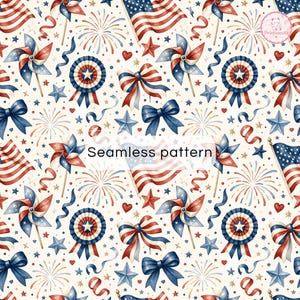 Pode incluir: Um padrão contínuo com elementos patrióticos em vermelho, branco e azul, incluindo bandeiras americanas, cata-ventos, rosetas, laços, estrelas, fogos de artifício e fitas sobre um fundo creme. O texto Seamless pattern está centralizado.