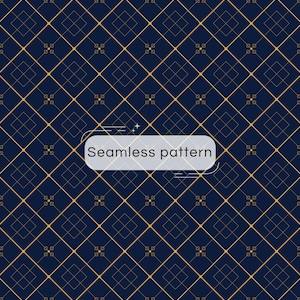 Pode incluir: Um fundo azul escuro com um padrão geométrico repetitivo de diamantes dourados e linhas finas que se cruzam. Uma etiqueta retangular branca central com cantos arredondados exibe o texto Seamless pattern.
