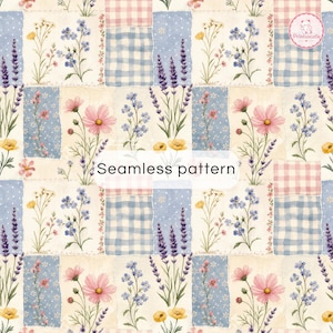 Può includere: Un motivo senza cuciture caratterizzato da un design patchwork di illustrazioni floreali e quadrati a scacchi. Le sezioni floreali mostrano lavanda, cosmee rosa e nontiscordardime blu su sfondi color crema. Il testo Seamless pattern è centrato.