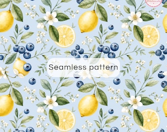 Lemon and Blueberry Seamless Pattern | Citrus Berry Digital Paper | Cottagecore Floral Background | Summer Fabric Print