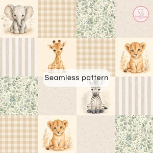 Baby Safari Patchwork Digital Paper | Neutral Jungle Animal Seamless Pattern | Nursery Safari Scrapbook Paper