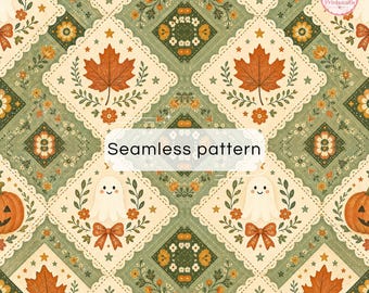 Digitalt lapptäcke för Halloween | Sömlöst mönster med spöken och pumpor | Scrapbookingpapper för höstens folkkonst