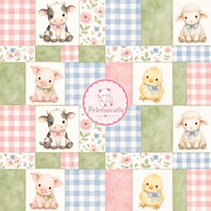Patchwork Farm Animals Seamless Pattern – Watercolor Baby Cow, Pig, Lamb & Chick Digital Paper – Pastel Gingham Scrapbook Background