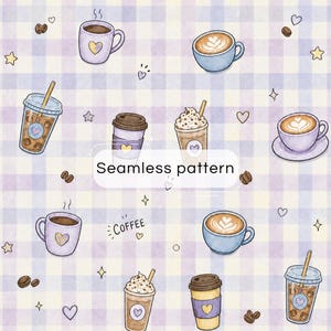 May include: A seamless pattern featuring various coffee drinks including mugs, iced coffee cups, and lattes on a light purple and cream checkered background. The design includes small hearts, stars, coffee beans, and the text Seamless pattern and COFFEE.