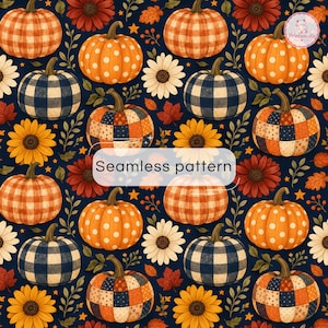 May include: A seamless pattern featuring orange pumpkins with white polka dots, blue and white buffalo check pumpkins, and patchwork pumpkins interspersed with yellow sunflowers, red flowers, green leaves, and small orange stars on a dark blue background.