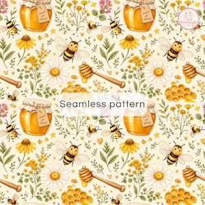 Pode incluir: Um padrão contínuo com ilustrações em aguarela de frascos de mel com etiquetas sweet as honey, colheres de mel, favos de mel dourados, margaridas amarelas, flores silvestres e abelhas num fundo creme com pequenas estrelas e corações.