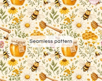 Digitaal papier met bijen en honing | Schattig naadloos bijenpatroon | Cottagecore scrapbookpapier met wilde bloemen