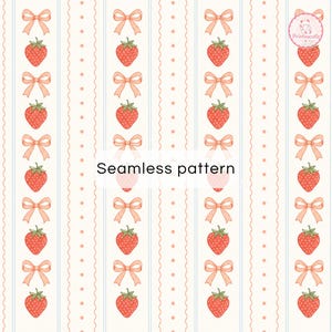 Pode incluir: Um padrão contínuo com colunas verticais de laços laranja-claros e morangos vermelhos alternados sobre um fundo creme com riscas azuis finas e linhas pontilhadas. O texto Seamless pattern está centrado no meio da imagem.
