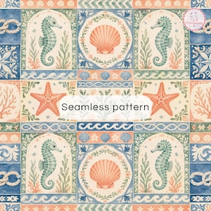 May include: A seamless pattern featuring a repeating grid of nautical motifs including green seahorses in arched frames, orange seashells, and orange starfish. The design incorporates blue wave borders, rope accents, and floral elements in a soft palette.