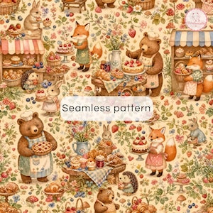 May include: A seamless pattern featuring anthropomorphic bears, foxes, and rabbits in a bakery setting. The design includes cakes, pastries, berries, and flowers on a cream background. The text Seamless pattern is centred in a white box.