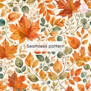 May include: A seamless pattern featuring watercolor illustrations of autumn leaves in shades of orange, red, and muted green on a cream background. The design includes maple leaves, small berries, and various foliage branches with the text Seamless pattern.