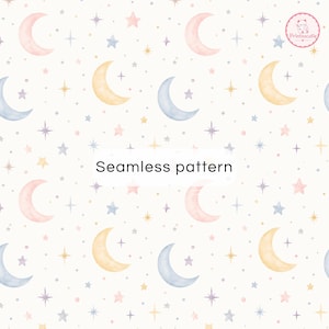 Pastel Moon Patchwork Digital Paper | Celestial Seamless Pattern | Nursery Scrapbook Paper