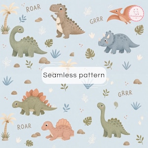 Dinosaur Seamless Pattern | Baby Dino Digital Paper | Prehistoric Nursery Background | Printable Scrapbook Paper