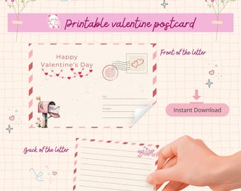 Printable Valentine Postcard – Cute DIY Valentine Card – Digital Download – Instant Print – Romantic Gift Note