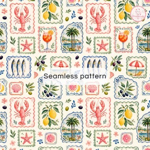 Pode incluir: Um padrão sem costura com ilustrações em aguarela de lagostas, limões, estrelas-do-mar, cocktails, palmeiras, peixes, azeitonas e guarda-sóis de praia num fundo creme. O texto Seamless pattern está centrado no meio da imagem.