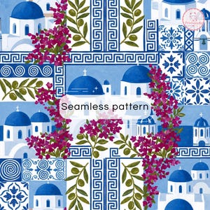 Pode incluir: Um padrão contínuo com edifícios brancos de cúpulas azuis, flores de buganvília magenta vibrantes, ramos de oliveira verdes e motivos geométricos de azulejos e gregas em azul e branco. O texto Seamless pattern é visível.