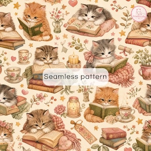 May include: A seamless pattern featuring illustrations of kittens reading books, surrounded by candles, teacups, flowers, and hearts on a cream background. The text "Seamless pattern" is centered in a white box over the repeating design.