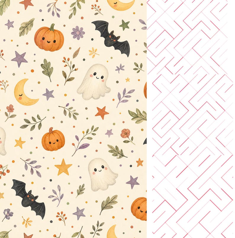 May include: A fabric pattern featuring a cream background with repeating illustrations of orange pumpkins, white ghosts, black bats, yellow crescent moons, purple and orange stars, and green foliage, contrasted by a white section with pink lines.