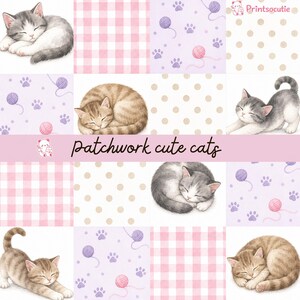 Patchwork Cute Kitten Seamless Pattern – Watercolor Cat Digital Paper – Pink Gingham Scrapbook Background for Journaling & Crafts