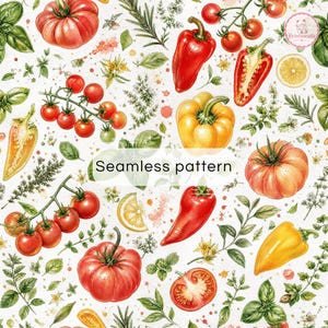 Pode incluir: Um padrão contínuo com ilustrações em aguarela de tomates vermelhos, tomates cereja na rama, pimentos amarelos e vermelhos, fatias de limão e ervas verdes. O design inclui o texto Seamless pattern e um pequeno logótipo.