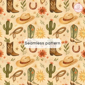 May include: A seamless pattern featuring watercolor illustrations of brown cowboy boots, tan cowboy hats, green cacti, orange flowers, brown horseshoes, coiled ropes, and smiling yellow suns on a light beige background with the text Seamless pattern.