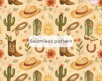 Pode incluir: Um padrão contínuo com ilustrações em aguarela de botas de cowboy castanhas, chapéus bege, catos verdes, flores cor de laranja, ferraduras, cordas e sóis amarelos sorridentes num fundo bege claro com o texto Seamless pattern.