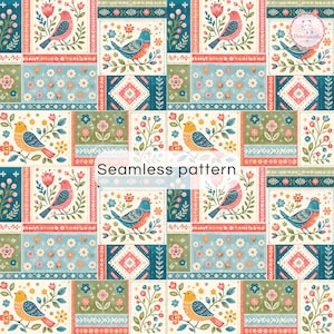 Scandinavian Folk Bird Patchwork Digital Paper | Nordic Floral Seamless Pattern | Spring Birds Scrapbook Paper