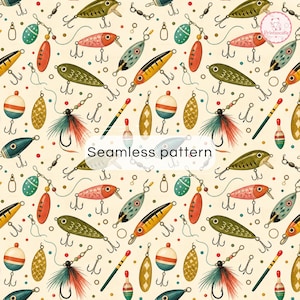 Fishing Seamless Pattern | Retro Fishing Lures Digital Paper | Watercolor Angler Background | Printable Scrapbook Paper
