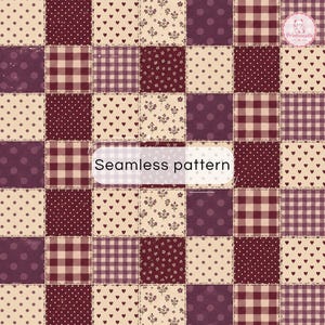 May include: A seamless pattern featuring a grid of square patches in shades of burgundy, cream, and dark purple. The squares display various designs including polka dots, gingham checks, small hearts, and floral motifs with stitched borders.