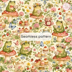Frog Tea Party Digital Paper | Cottagecore Seamless Pattern | Strawberry Scrapbook Paper