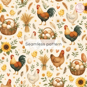 Farmhouse Chicken Seamless Pattern | Rooster & Hen Digital Paper | Rustic Country Farm Printable | Cottagecore Farm Animal Pattern