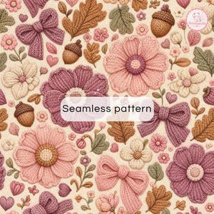 May include: A seamless pattern featuring a knitted texture with pink and mauve flowers, brown acorns, tan oak leaves, and bows on a cream background. The text "Seamless pattern" is centered in a white rectangular overlay on the design.
