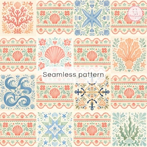 May include: A seamless pattern featuring a grid of square tiles with nautical and botanical motifs including coral, seashells, starfish, anchors, and floral borders in soft pastel shades of pink, blue, green, and cream with the text Seamless pattern.