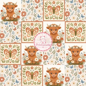 Highland Cow Patchwork Digital Paper | Cute Farm Animal Seamless Pattern | Folk Butterfly Floral Scrapbook Paper