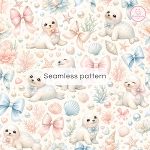 May include: A seamless pattern featuring white baby seals, pink and blue bows, seashells, starfish, coral, and pearls on a cream background. The text Seamless pattern is centered in the middle, and a Printsocutie logo is in the top right corner.