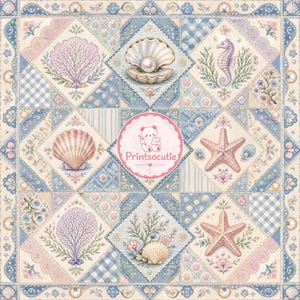 Coastal Seashell Patchwork Digital Paper | Pastel Ocean Seamless Pattern | Beach Scrapbook Paper