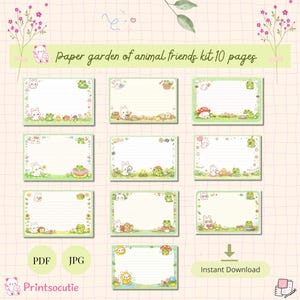 May include: A set of ten lined stationery pages with a cute animal theme. Each page features a different illustration of bunnies, frogs, and other woodland creatures in a garden setting. The text "Paper garden of animal friends kit 10 pages" is displayed.