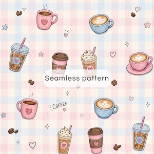 Digitaal papier met roze koffie | Naadloos pastelkleurig ruitjespatroon met koffiemotief | Scrapbookpapier