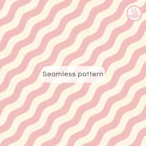 Pode incluir: Um padrão sem costuras com linhas onduladas diagonais em tons alternados de rosa suave e creme. Uma etiqueta retangular branca no centro exibe o texto Seamless pattern em preto, com um pequeno logótipo circular no canto superior direito.