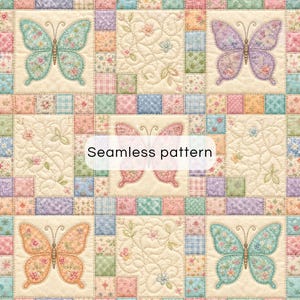 May include: A patchwork quilt fabric featuring a repeating grid of squares with floral patterns and embroidered butterflies in teal, purple, orange, and pink. The design includes quilted scrollwork and the text Seamless pattern.