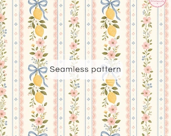 Lemon Stripe Seamless Pattern | Floral Ribbon Digital Paper | Cottagecore Citrus Background | French Country Printable