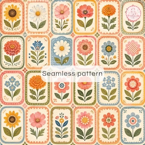 Vintage Floral Cards Seamless Pattern | Folk Flower Digital Paper | Retro Botanical Background | Printable Scrapbook Paper