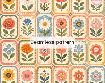 Vintage Floral Cards Seamless Pattern | Folk Flower Digital Paper | Retro Botanical Background | Printable Scrapbook Paper
