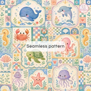 May include: A seamless pattern featuring watercolor illustrations of sea creatures including a blue whale, dolphin, crab, sea turtle, octopus, starfish, and jellyfish. The design incorporates floral motifs, checkered squares, and the text Seamless pattern.