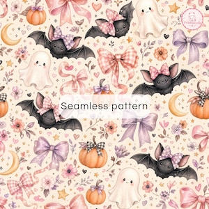 May include: A seamless pattern featuring illustrations of black bats with patterned bows, white ghosts, orange pumpkins, purple and pink bows, yellow crescent moons, stars, hearts, and small flowers on a light cream background with text.