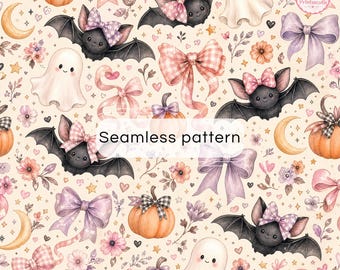 Söt Halloween digitalt papper | Kawaii spöke och fladdermus sömlöst mönster | Pastell pumpa scrapbookingpapper | Rosa Halloween digital bakgrund