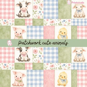 Patchwork Farm Animals Seamless Pattern – Watercolor Baby Cow, Pig, Lamb & Chick Digital Paper – Pastel Gingham Scrapbook Background