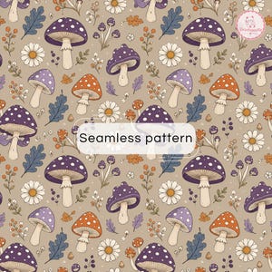 May include: A seamless pattern featuring purple and orange mushrooms, white daisies, and blue oak leaves on a light brown background. The text "Seamless pattern" is centred in a white rounded rectangle, with a small logo in the top right corner.